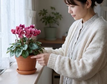 窓辺でシクラメンの鉢に手を添える女性